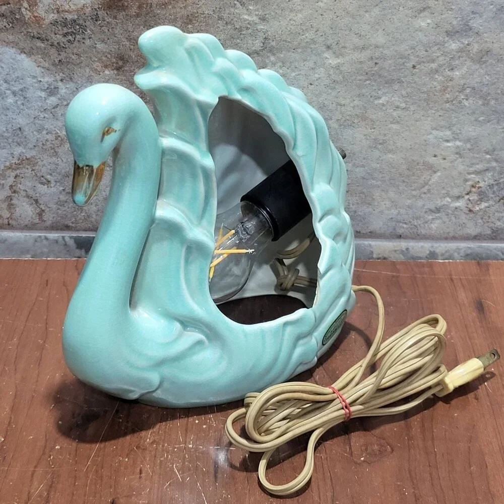 Vintage Gilded Blue Swan TV Lamp Night Light Ceramic